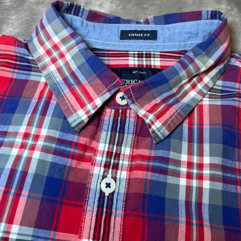 American Eagle Mens Size Short Sleeve Large Shirt Red Blue Plaid Vintage Fit‎